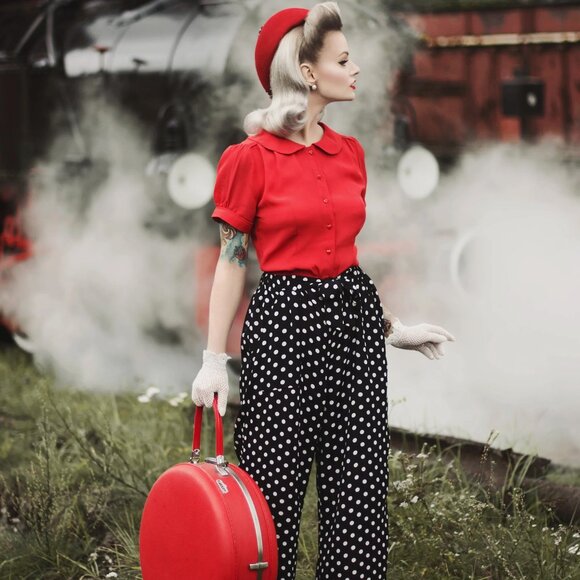 Seamstress of Bloomsbury Winnie Trousers in Navy Polka Dot NEW - Picture 1 of 4
